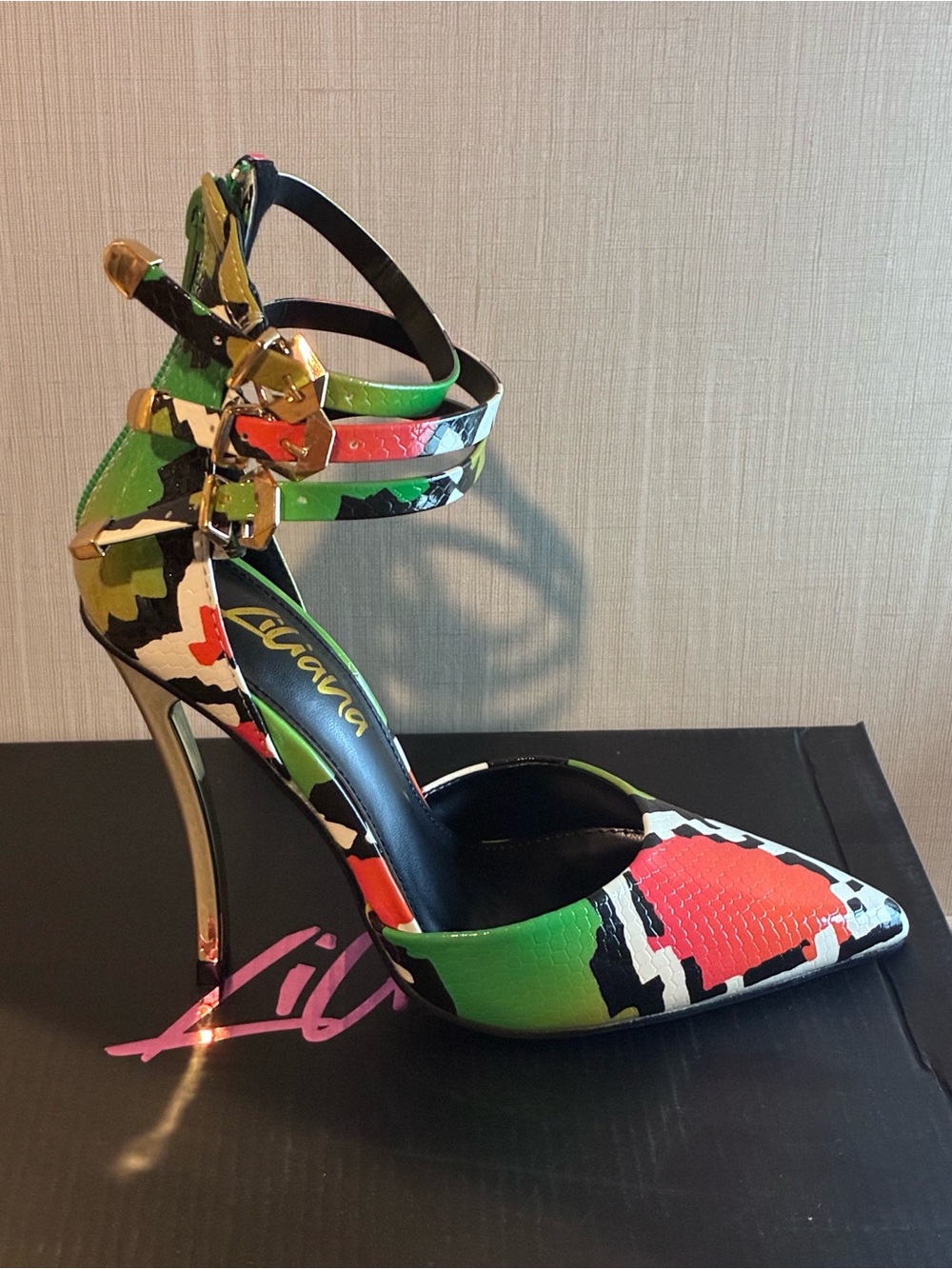 029- Liliana Multicolor Pointed-Toe Ankle-Strap Stiletto in Green, Coral & Black
